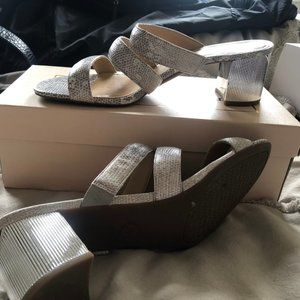 Micheal Kors Silver Block Heel Sandals SZ10